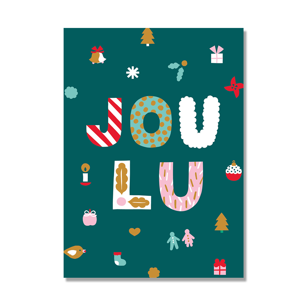 Teksti "joulu" ja joulukoristeita vihreää taustaa vasten.