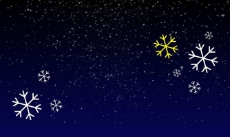 Sininen tausta, jonka päällä valkoisia ja yksi keltainen lumihiutale.