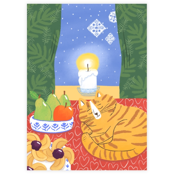 Ikkunalla kynttilä ja asetelma jouluisia asioita