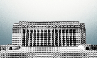 Eduskuntatalo kuvitettuna harmaana edestäpäin.