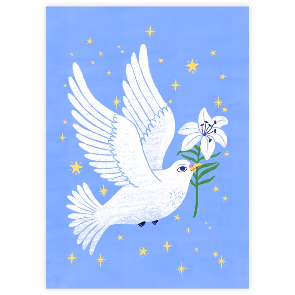 Sinisellä tähtitaivaalla lentävä kyyhky, jolla on nokassaan kukka