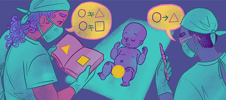 Kuvitus, jossa kaksi lääkäriä pohtivat vastasyntyneen vauvan anatomista sukupuolta.