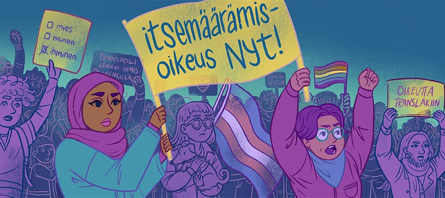 Kuvitus ihmisistä mielenosoituksessa kylttien kanssa, joissa lukee "Itsemääräämisoikeus nyt!", "Transpoli leikkii ihmishengillä" ja "Oikeutta translakiin"
