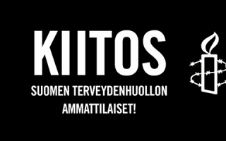 Mustalla pohjalla lukee "Kiitos Suomen terveydenhuollon ammattilaiset"