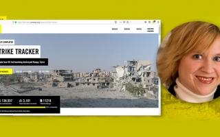 Kuvassa ruutukaappaus Amnestyn Decoders-verkkosivulta sekä kasvokuva Amy Landwehrista.