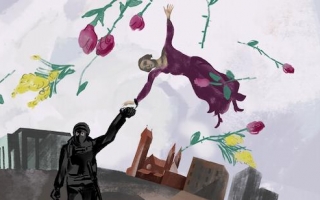 Kuvitus, jossa nainen leijailee kukkien keskellä mielenosoittajaa kädestä pitäen