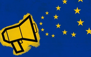 Kuvitus megafonista ja Euroopan Unionin lipun tähtikuvioista.