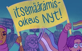 Kuvitus ihmisistä mielenosoituksessa kylttien kanssa, joissa lukee "Itsemääräämisoikeus nyt!", "Transpoli leikkii ihmishengillä" ja "Oikeutta translakiin"