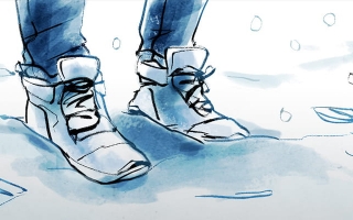 Kuvitus henkilön jaloista seisomassa lumella. Ympärillä leijailee lunta ja maassa on kengänjälkiä.