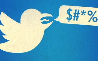 Kuvitus, jossa Twitterin logon lintu huutaa ja sen suusta tulee puhekupla, jossa erilaisia merkkejä.