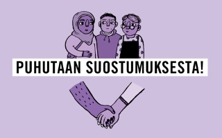 Violetilla taustalla ihmishahmoja ja teksti: "Puhutaan suostumuksesta!"