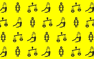 Keltaisella taustalla kuvitettuja vaakoja ja ihmishahmoja