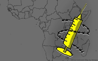 Kuvituskuva, jossa on harmaa Afrikan kartta ja sen päällä keltainen rokote, jonka ympärillä on piikkilankaa.