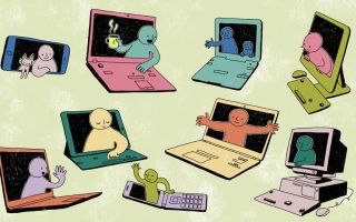 Vaaleanvihreällä taustalla kuvitettuja tietokoneita ja ihmishahmoja