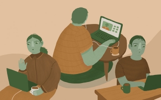 Piirroskuva ihmisistä tietokoneiden ääressä kahvikupin kanssa.