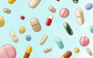 Kuvituskuva värikkäistä tableteista ja lääkkeistä