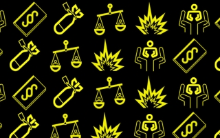 Mustalla taustalla keltaisia kuvakkeita mm. raketteja, vaakoja ja kirja.