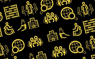 Kuvituskuva, jossa on keltaisia ikoneja mustalla pohjalla.