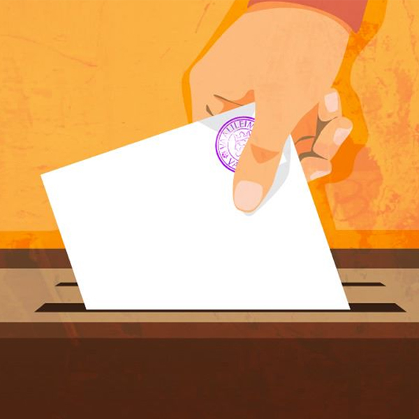 Piirroskuva äänestyslaatikosta, jonne laitetaan leimattu äänestyslipuke.