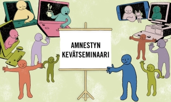 Kuvitettuja hahmoja vaaleanvihreällä taustalla. Keskellä valkokangas, jossa lukee: "Amnestyn kevätseminaari"