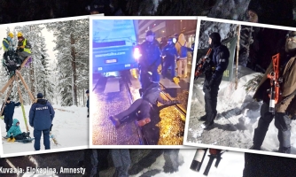 Kolmen kuvan kollaasi. Ensimmäisessä kuvassa mielenosoittajia kolmijalan päällä ja poliisi selin kameraan. Toisessa kuvassa poliisi raahaa mielenosoittajaa kädestä pitäen. Kolmannessa kuvassa poliisi seisoo metsässä punaisen aseen kanssa.