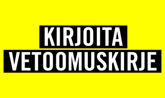 Keltaisella pohjalla valkoinen mustalla reunustettu teksti Kirjoita vetoomuskirje.