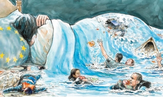 Kuvituskuva nukkuvasta EU:sta ja merestä, jossa on hädässä olevia ihmisiä.