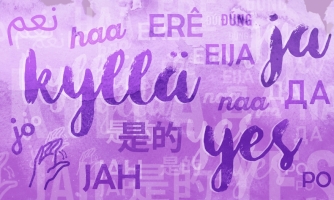 Violetissa piirroskuvassa kyllä-sana usealla eri kielellä.
